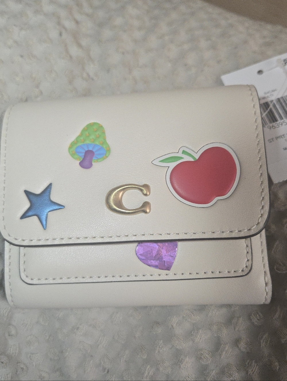 Coach Mila Flap Leather Wallet with Colorful Sticker Motifs In Chalk White NEW